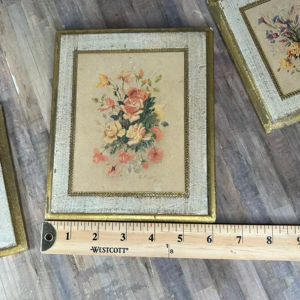 Vintage Marked Made in Italy Small Rectangles Floral Art Wall Frames Paintings